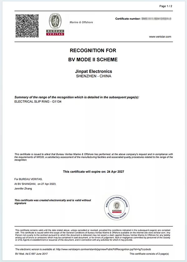BV (Bureau Veritas) Marine Type Approval Certificate for JINPAT Maritime Slip Rings