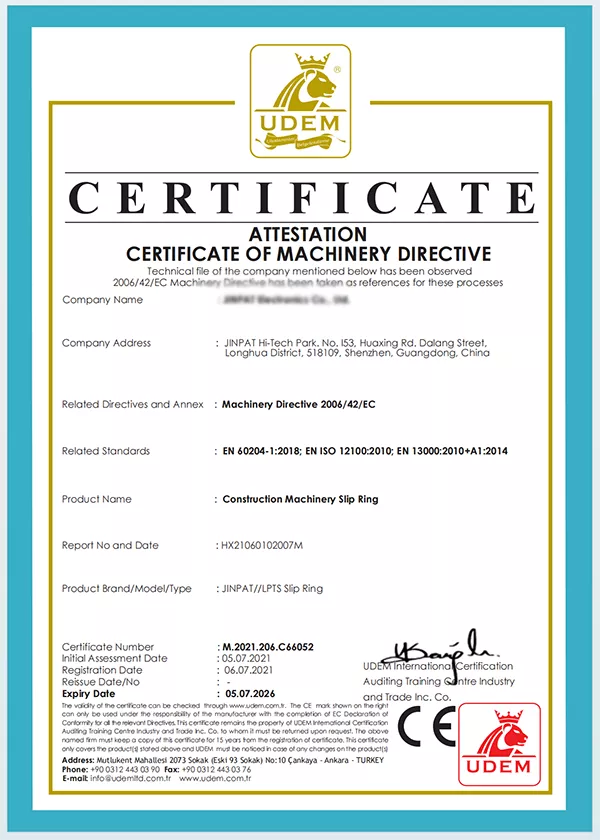 CE Marking Certificate for JINPAT LPTS Series Through-Bore Slip Rings