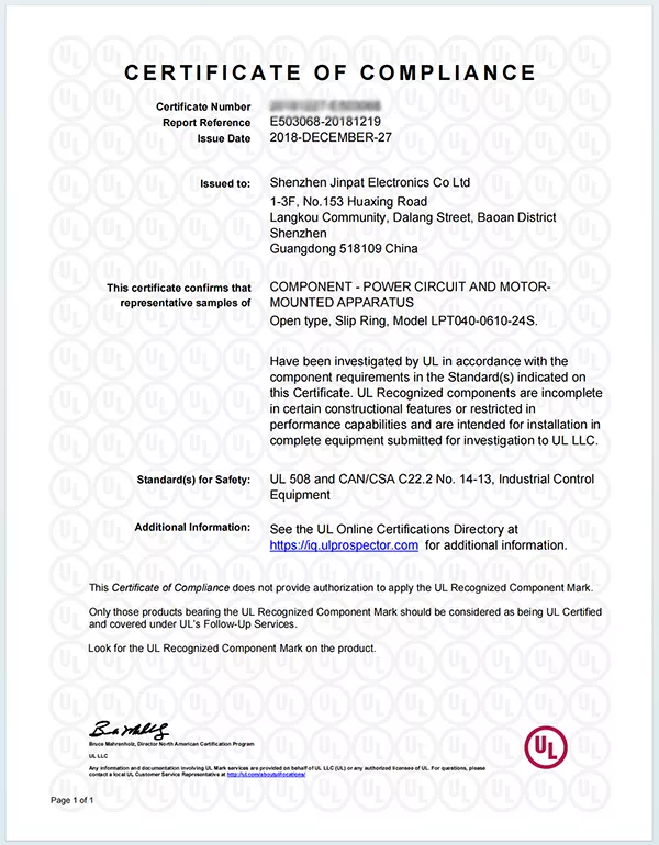 UL Certified Slip Rings - JINPAT Electrical Safety Standards for North America & Europe